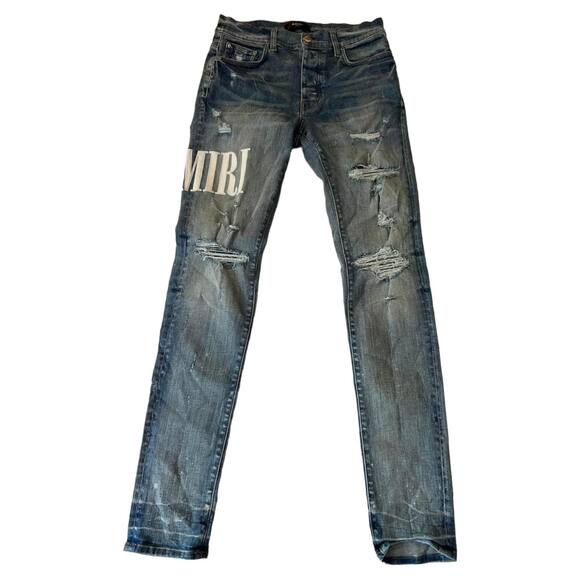 Amiri Embroidered Logo Distressed Skinny Denim Jeans Size 32 - Picture 2 of 11